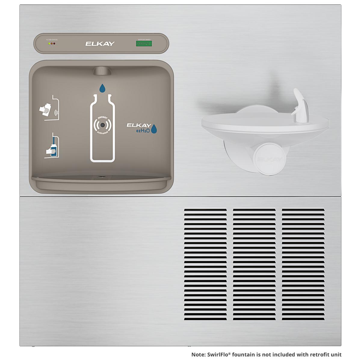 Stainless steel bottle filling station with water bottle icon display, white fountain bowl attachment, and ventilation grille