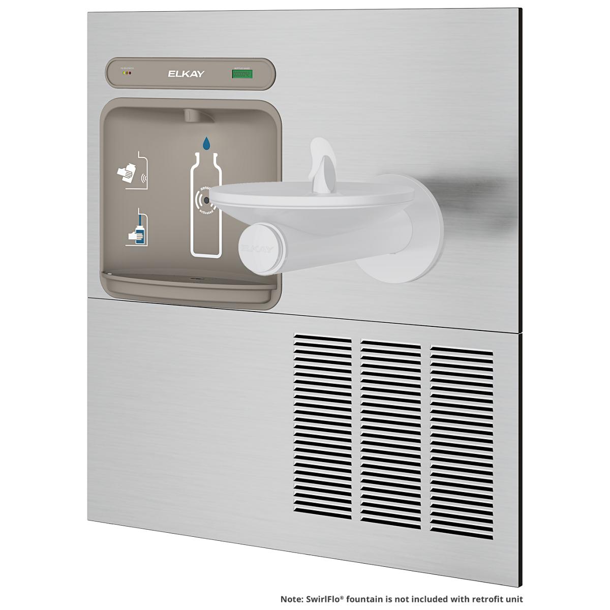 Elkay stainless steel bottle filling station with curved spout, digital display, and refrigeration unit with ventilation gril