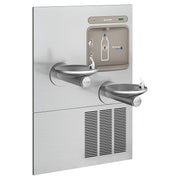 Stainless steel wall-mounted water fountain with two curved drinking basins, bottle filling station above, and refrigeration 