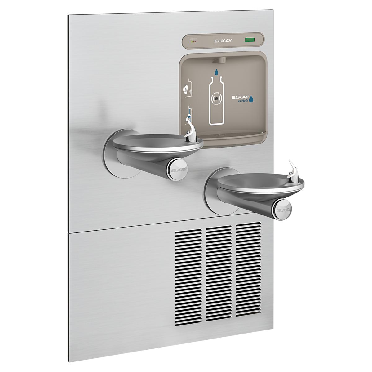 Stainless steel wall-mounted water fountain with two curved drinking basins, bottle filling station above, and refrigeration 