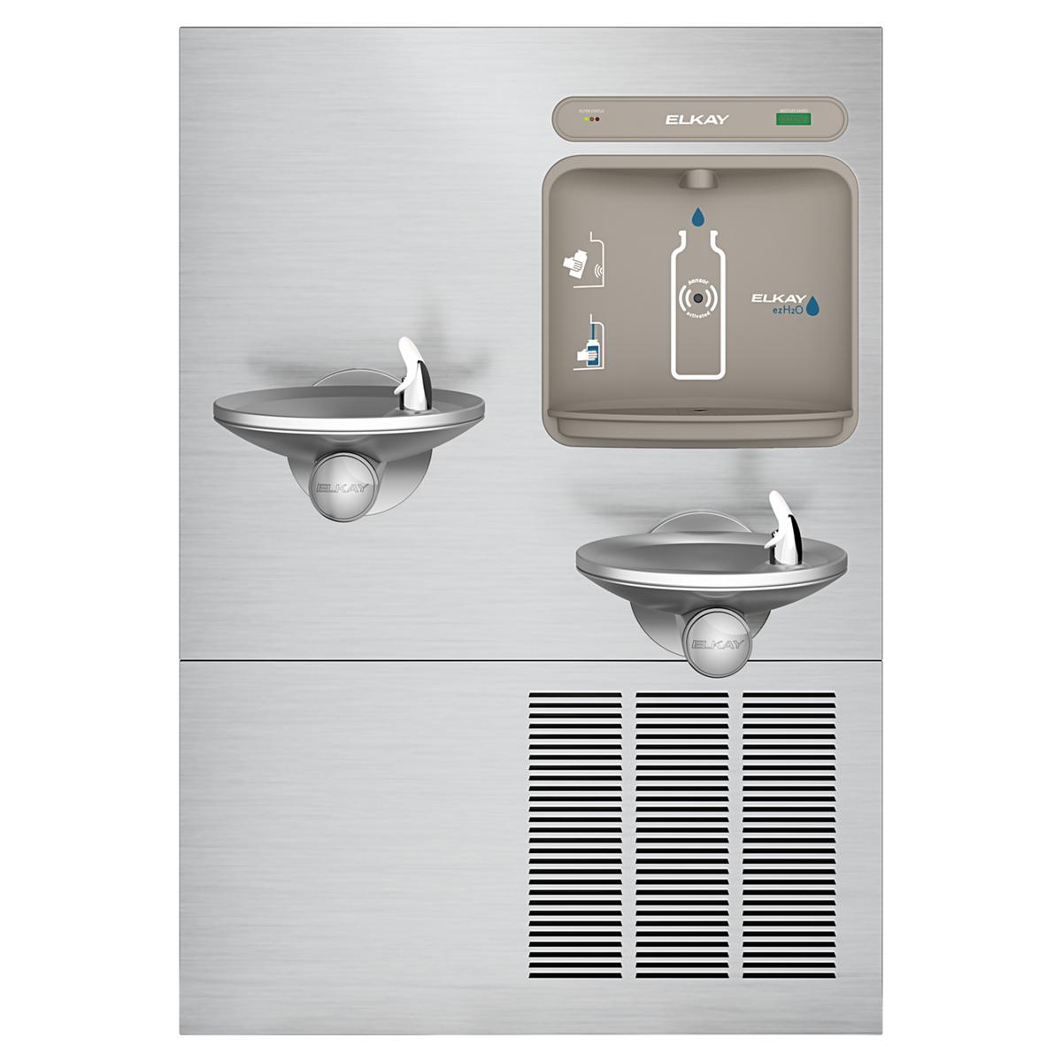 Stainless steel water filling station with two curved drinking fountains, digital display panel, and ventilation grilles at b