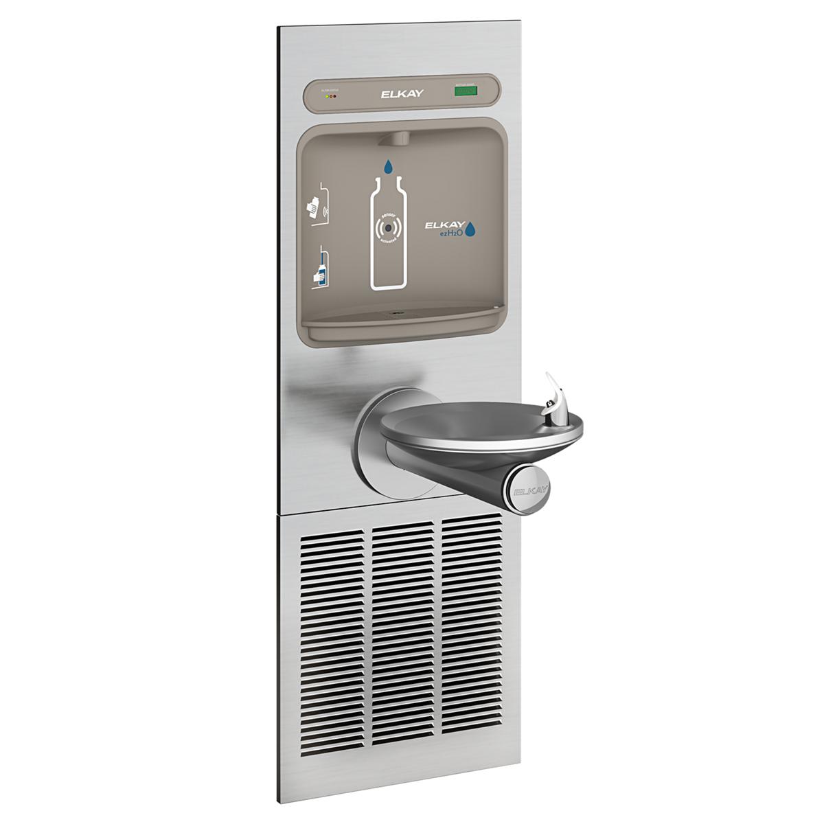 Stainless steel Elkay bottle filling station with integral drinking fountain, refrigeration unit, and filter display panel.