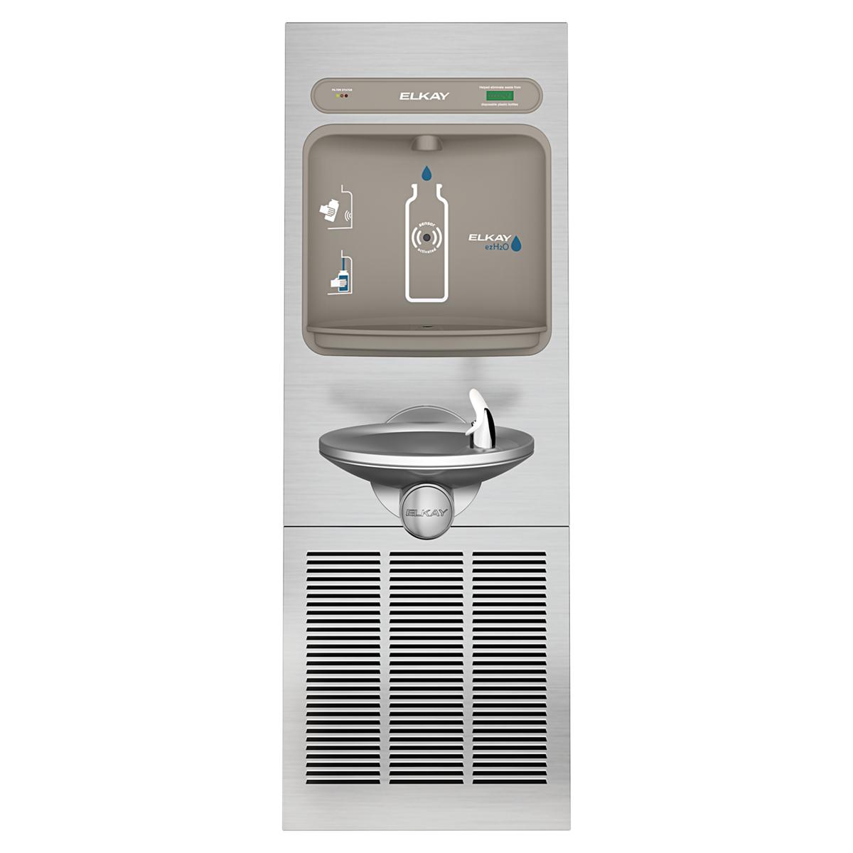 Stainless steel Elkay water bottle filling station with refrigerated fountain basin, digital display panel, and ventilation g