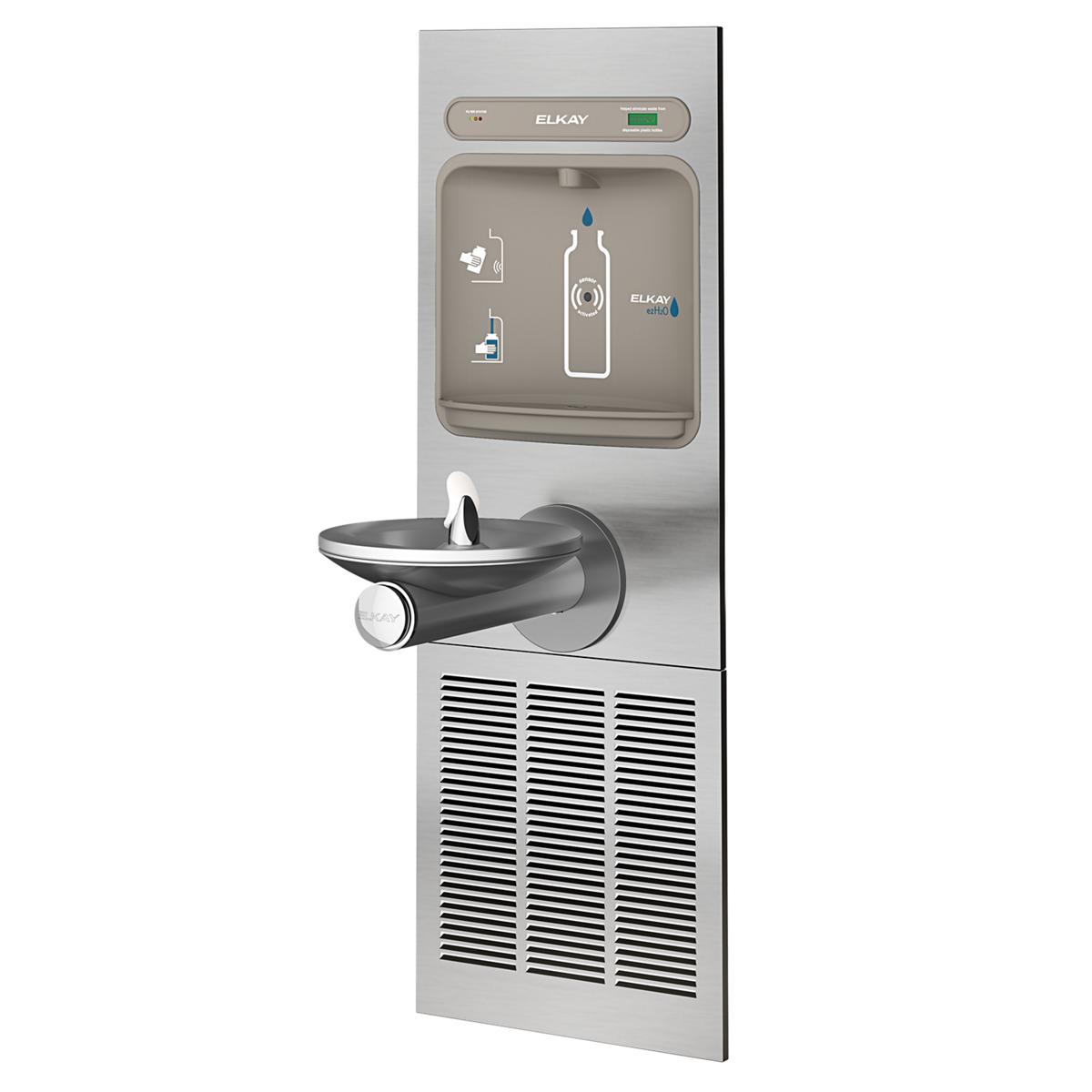 Stainless steel wall-mounted water filling station with refrigerated dispenser, integral fountain bowl, and digital control p