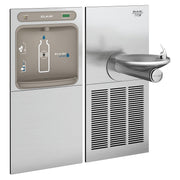 Stainless steel water fountain with bottle filling station on left and curved drinking fountain spout on right, featuring ref