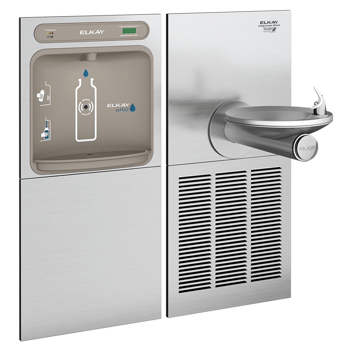Stainless steel water fountain with bottle filling station on left and curved drinking fountain spout on right, featuring ref