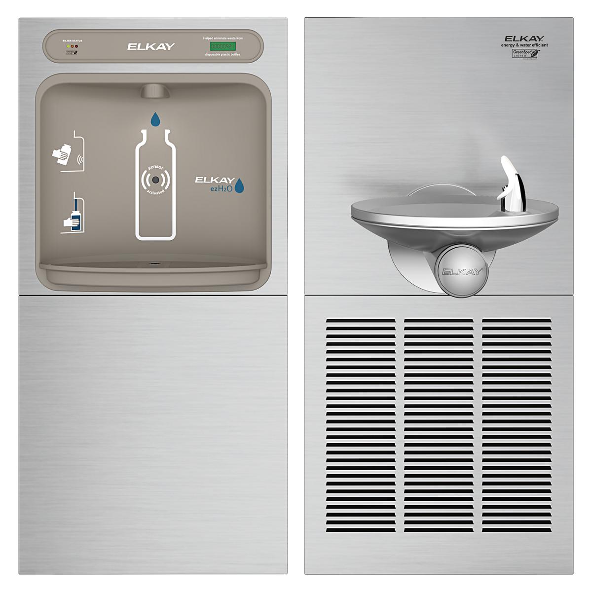 Stainless steel water fountain with bottle filling station on left and drinking fountain with cooling unit on right.