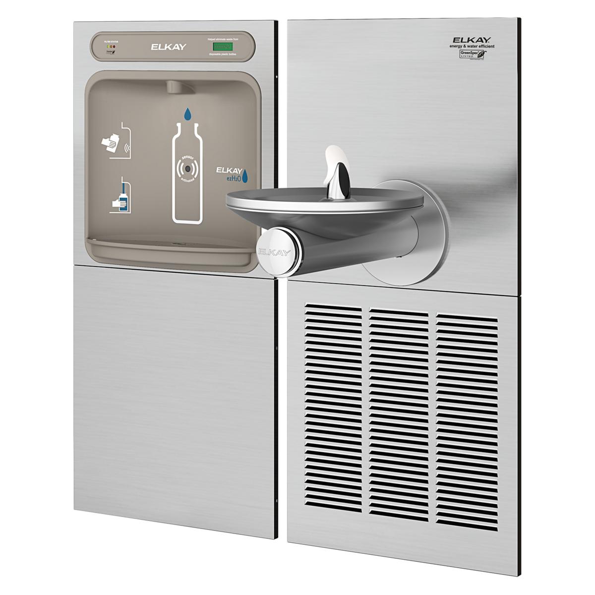 Stainless steel water fountain with bottle filling station on top, curved drinking spout, and refrigeration unit below with v