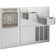 Stainless steel water fountain with bottle filling station on left and two bi-level drinking bowls on right with refrigeratio