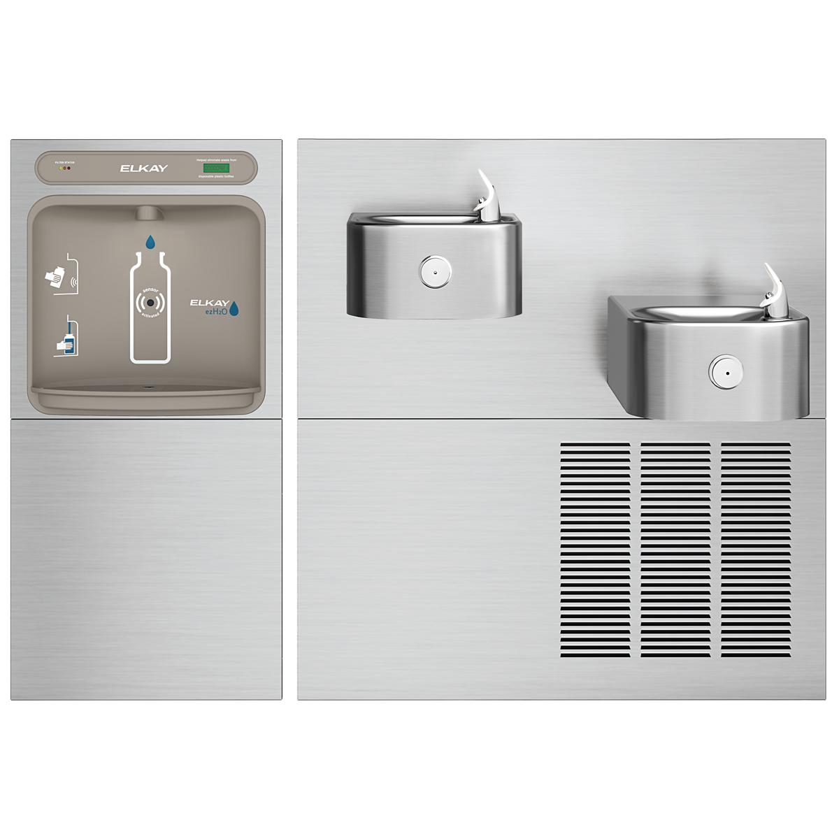Stainless steel water fountain with dual-level filling stations, bottle filler spout, drinking fountains, and refrigeration u