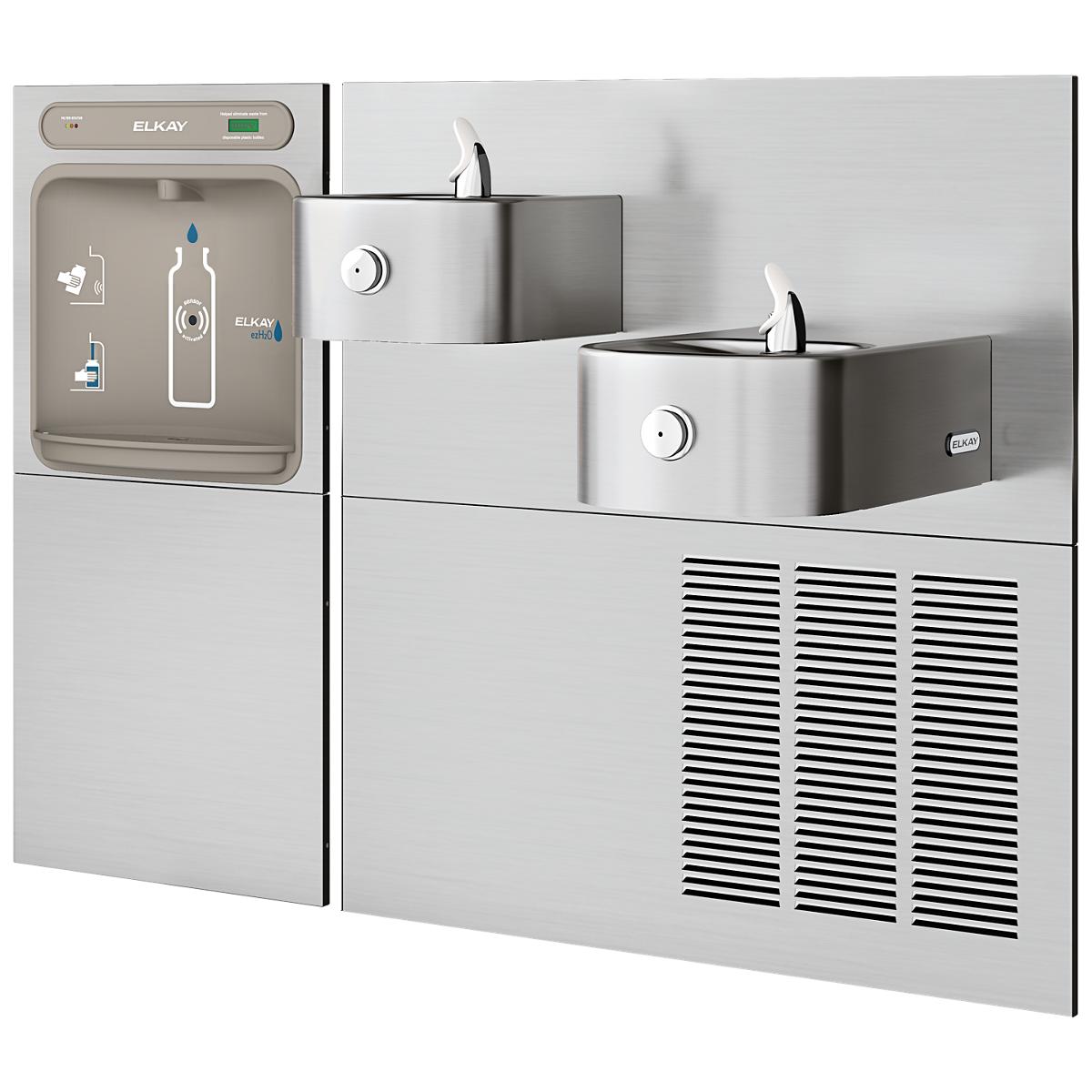 Stainless steel water fountain with dual-level dispensers, bottle filling station on left panel, and refrigeration unit with 