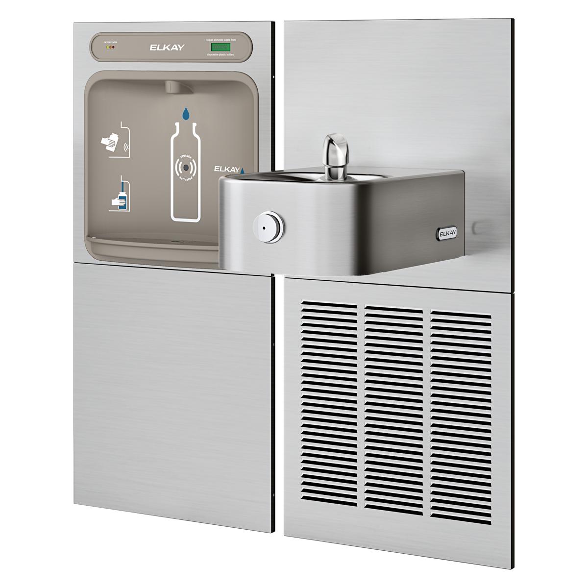 Elkay stainless steel bottle filling station with refrigerated water fountain and filter system, featuring digital controls a