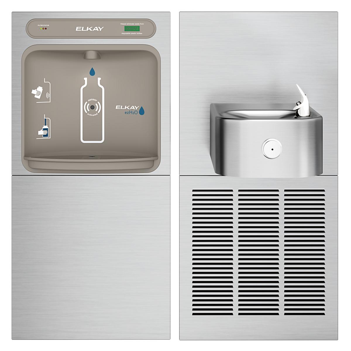 Stainless steel water fountain with filling station on top featuring bottle fill spout and drinking fountains, refrigeration 