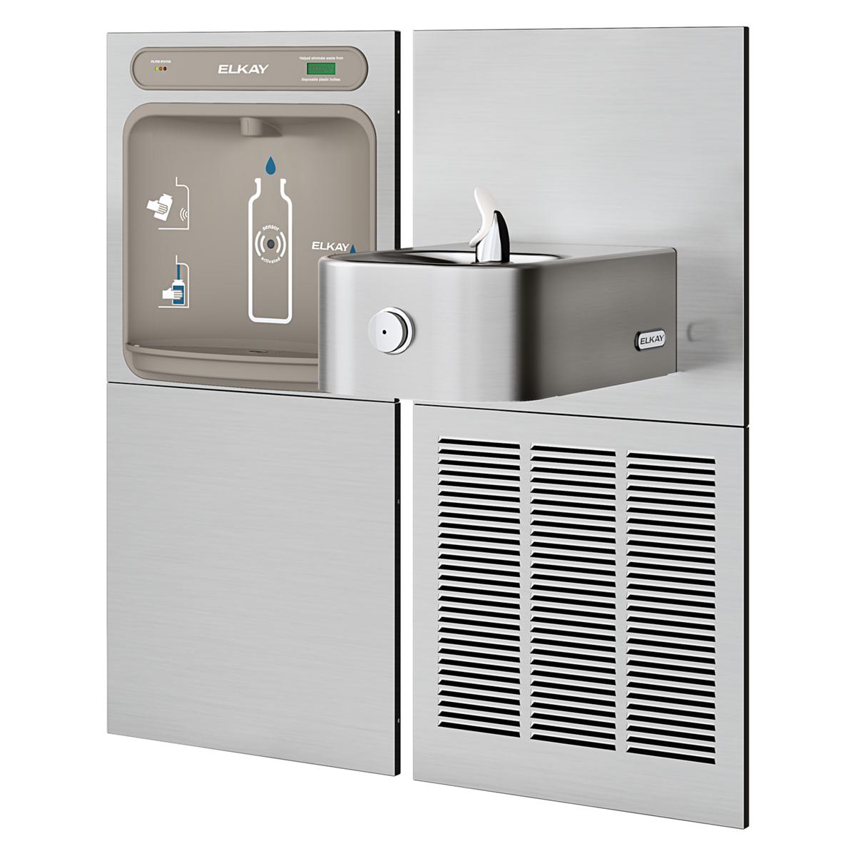 Stainless steel Elkay water filling station with filtered bottle filler on left and refrigerated soft-sided fountain dispense