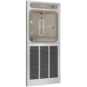 Elkay ezH2O stainless steel wall-mounted bottle filling station with refrigeration unit and filtered water dispenser.