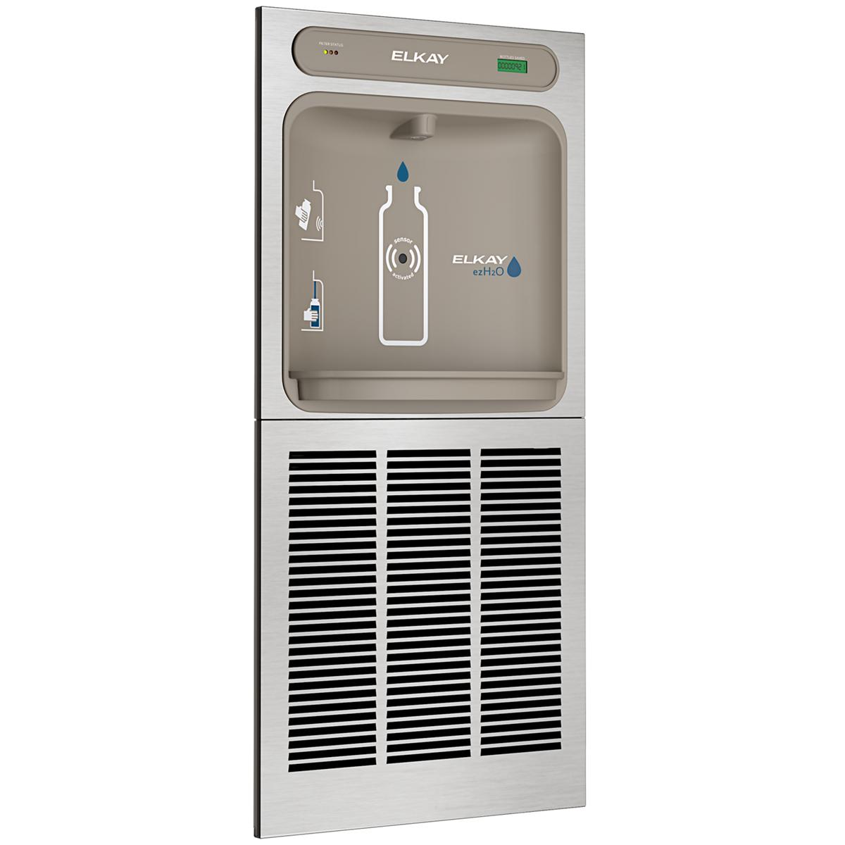 Elkay ezH2O stainless steel wall-mounted bottle filling station with refrigeration unit and filtered water dispenser.