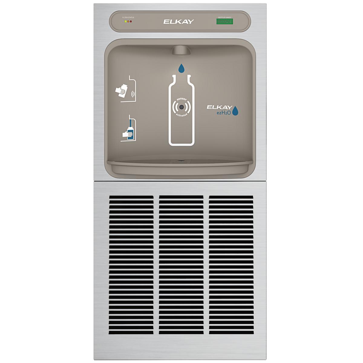 Stainless steel wall-mounted bottle filling station with filtered water display, bottle fill icons, and refrigeration unit be
