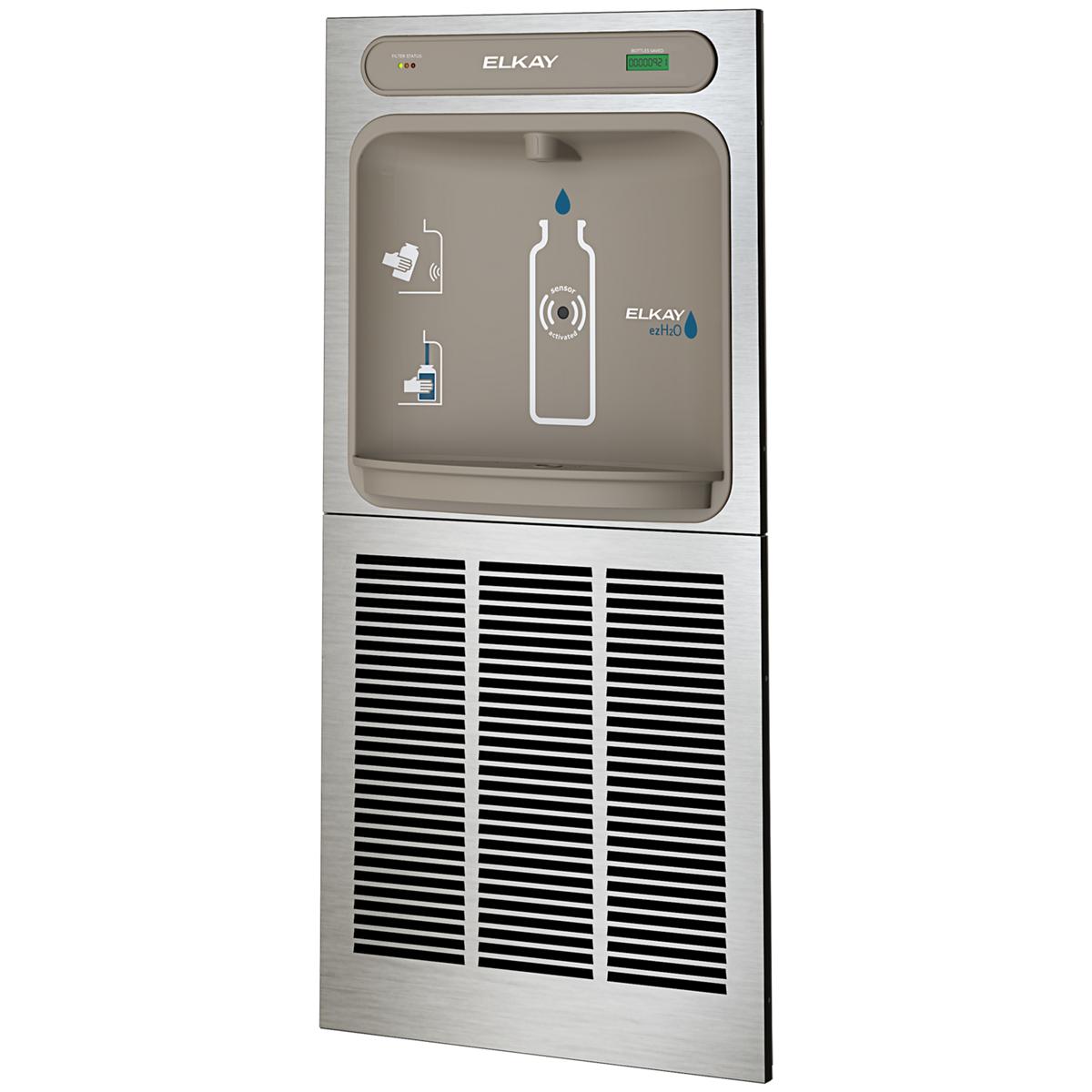 Elkay ezH2O stainless steel in-wall bottle filling station with refrigeration unit and filter display icons on front panel.