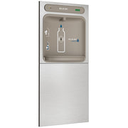 Elkay ezH2O stainless steel in-wall bottle filling station with filtered water dispenser and digital display panel.