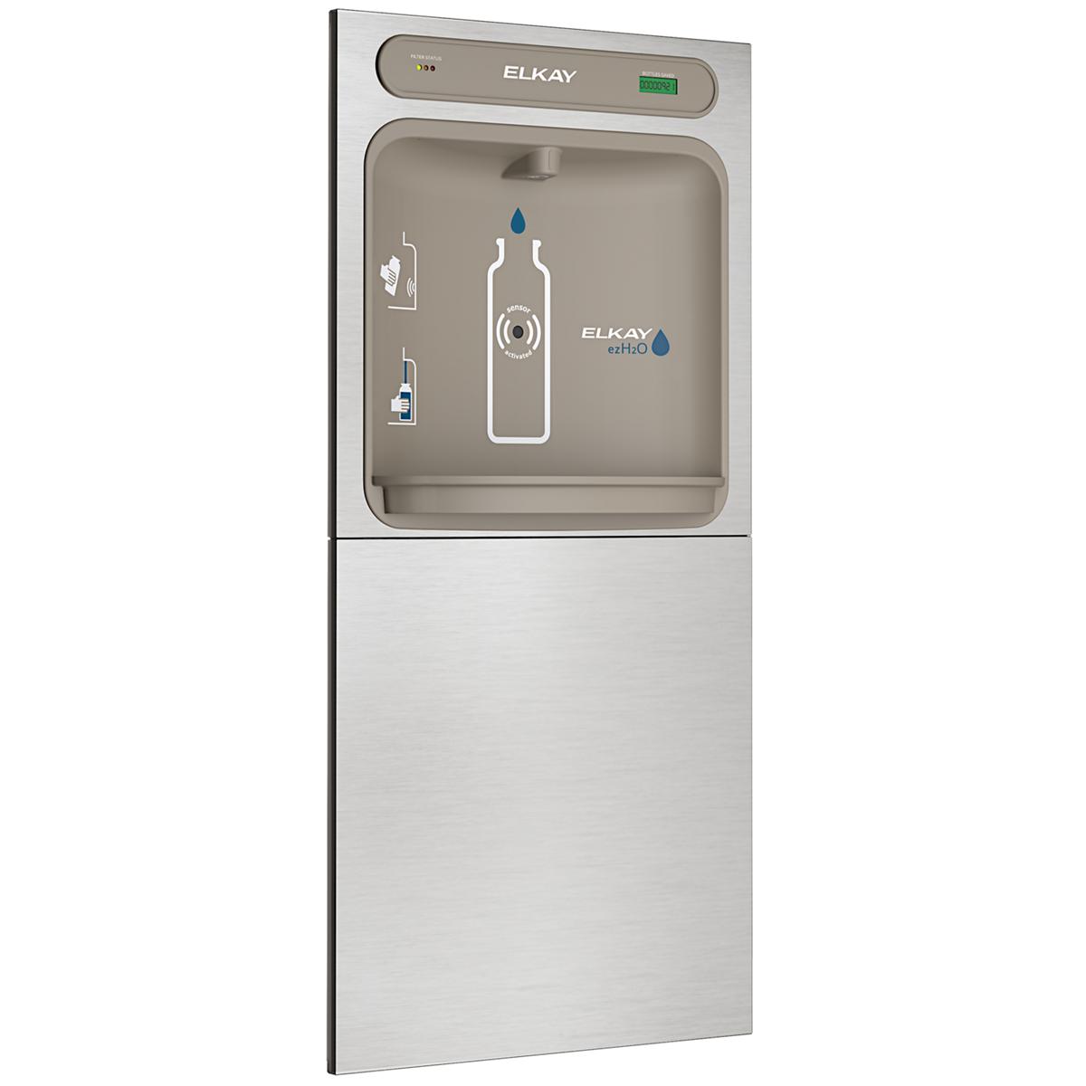 Elkay ezH2O stainless steel in-wall bottle filling station with filtered water dispenser and digital display panel.