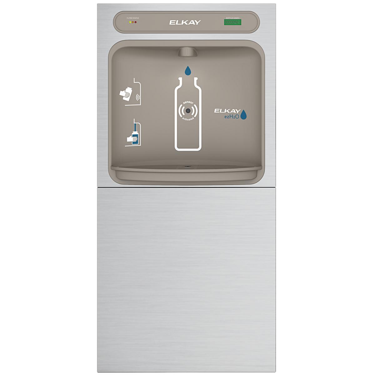 Elkay ezH2O stainless steel wall-mounted bottle filling station with filtered water dispenser and digital display.
