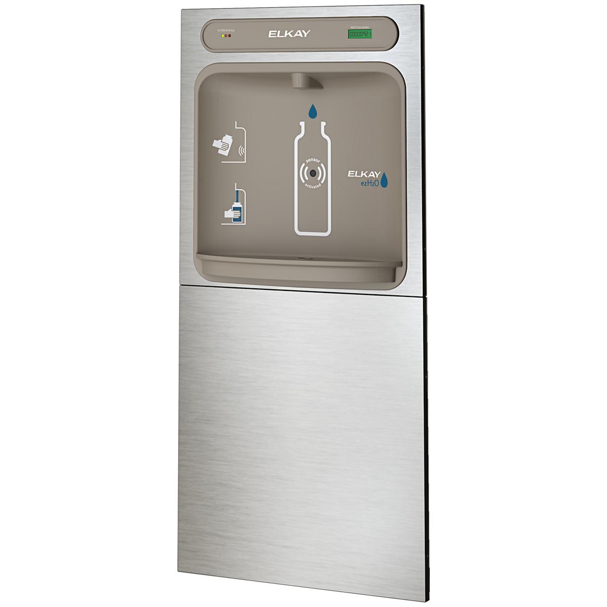 Elkay ezH2O stainless steel wall-mounted bottle filling station with filtered water dispenser and instruction icons.