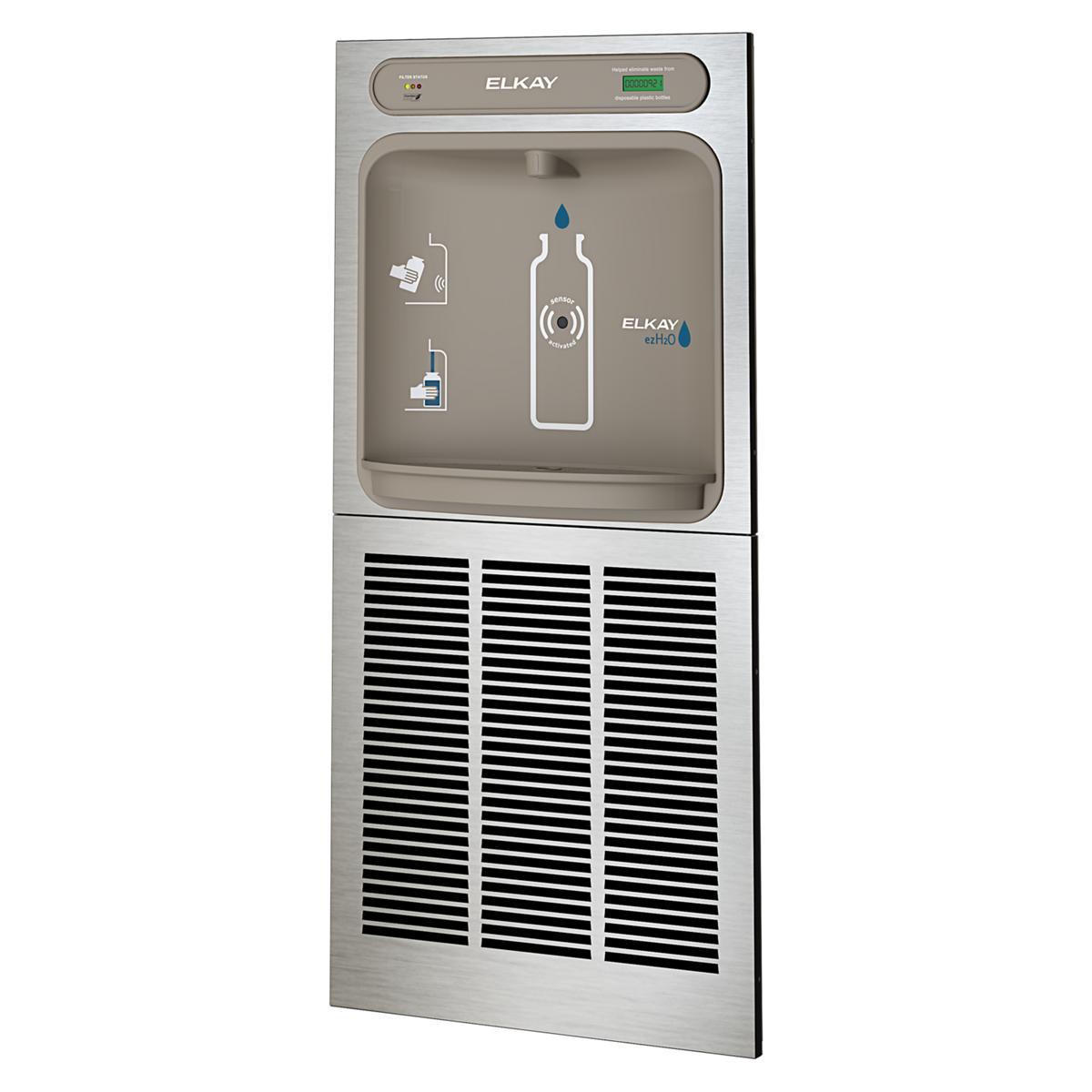 Elkay stainless steel wall-mounted bottle filling station with refrigeration unit, digital display, and instruction icons on 