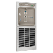Elkay ezH2O stainless steel wall-mounted bottle filling station with refrigeration unit and control panel above.