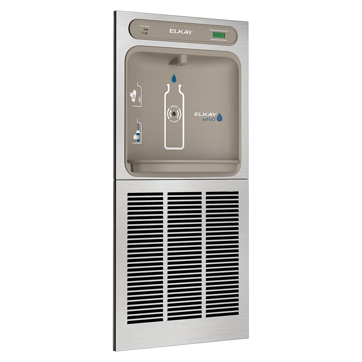 Elkay ezH2O stainless steel wall-mounted bottle filling station with refrigeration unit and control panel above.