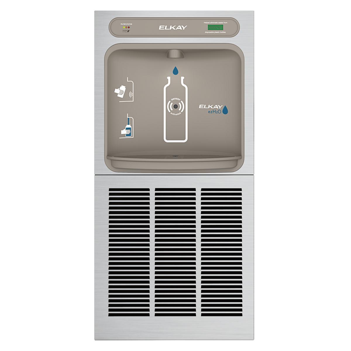 Elkay stainless steel in-wall bottle filling station with refrigerated water dispenser and filtered hydration display.