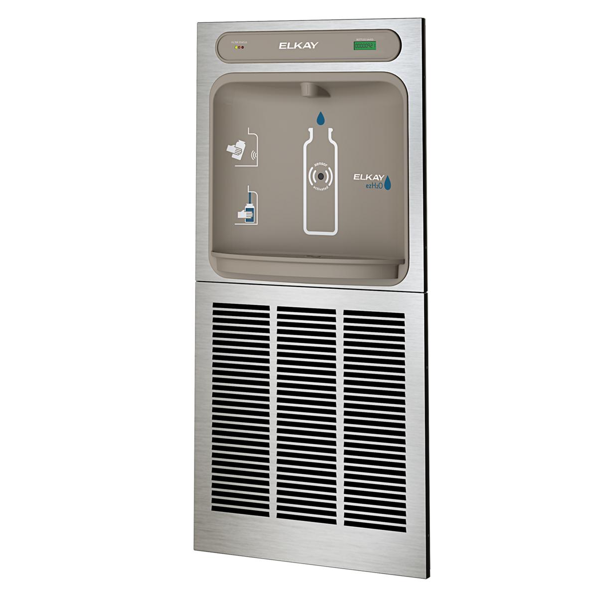 Stainless steel in-wall bottle filling station with refrigeration unit, control panel, and ventilation grilles.
