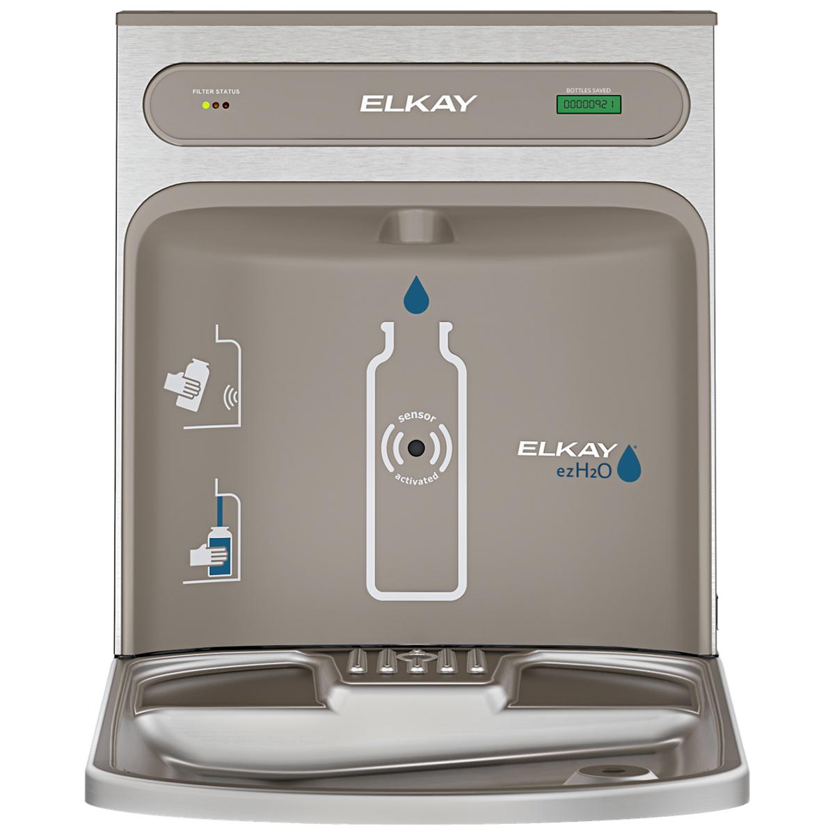 Elkay ezH2O RetroFit bottle filling station with stainless steel exterior, sensor-activated dispenser, and filter status disp