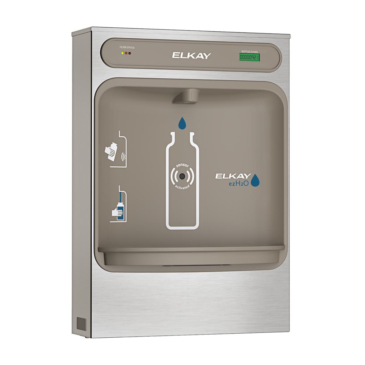 Elkay ezH2O stainless steel bottle filling station with filtered water dispenser and instructional graphics on front panel.