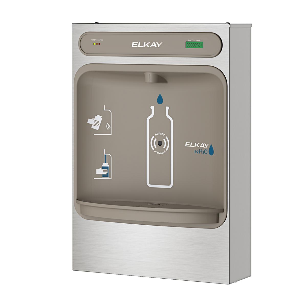 Stainless steel Elkay ezH2O bottle filling station with digital display, sensor activation, and drip tray mounted on wall.