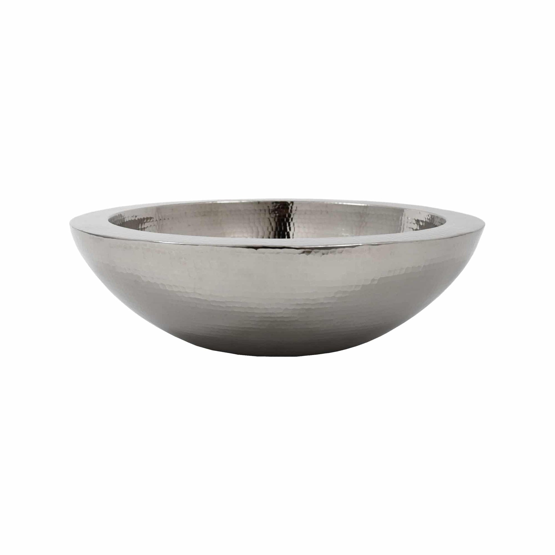 Polished nickel vessel sink with hammered bowl shape and wide rim.