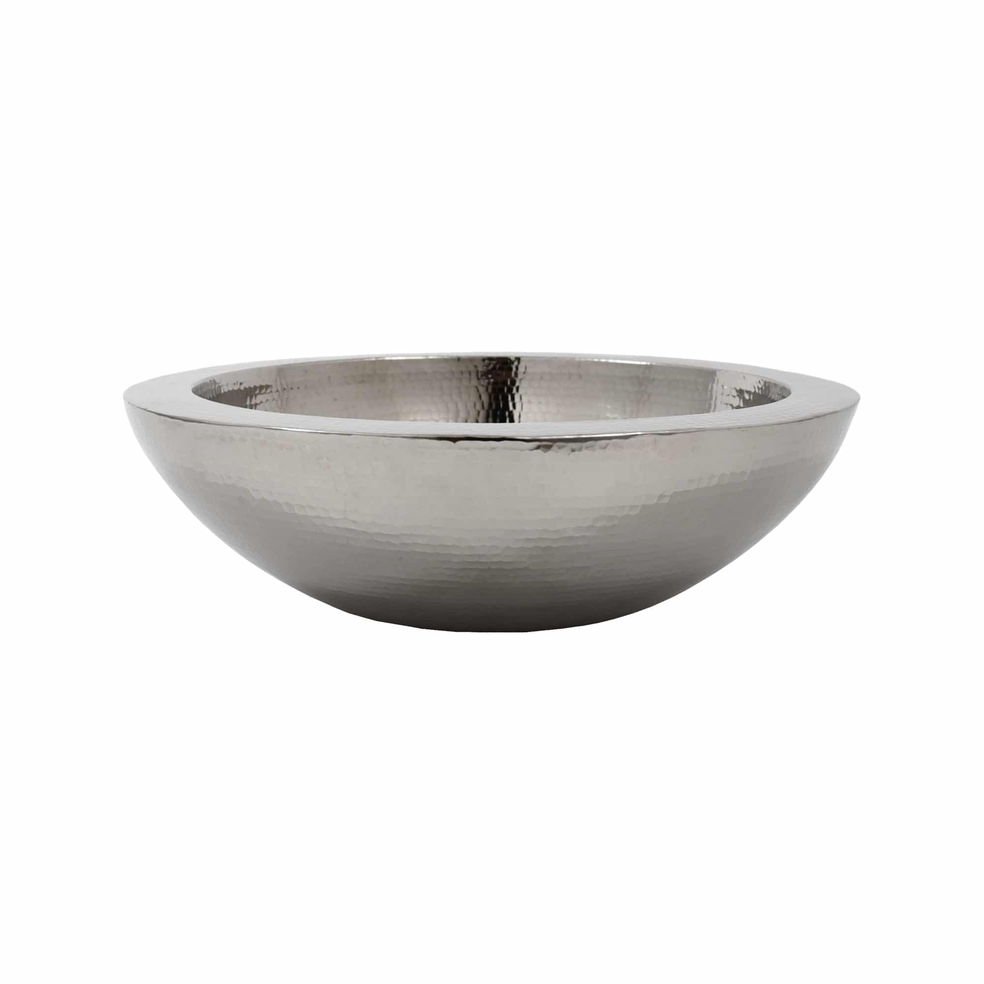 Polished nickel vessel sink with hammered bowl shape and wide rim.