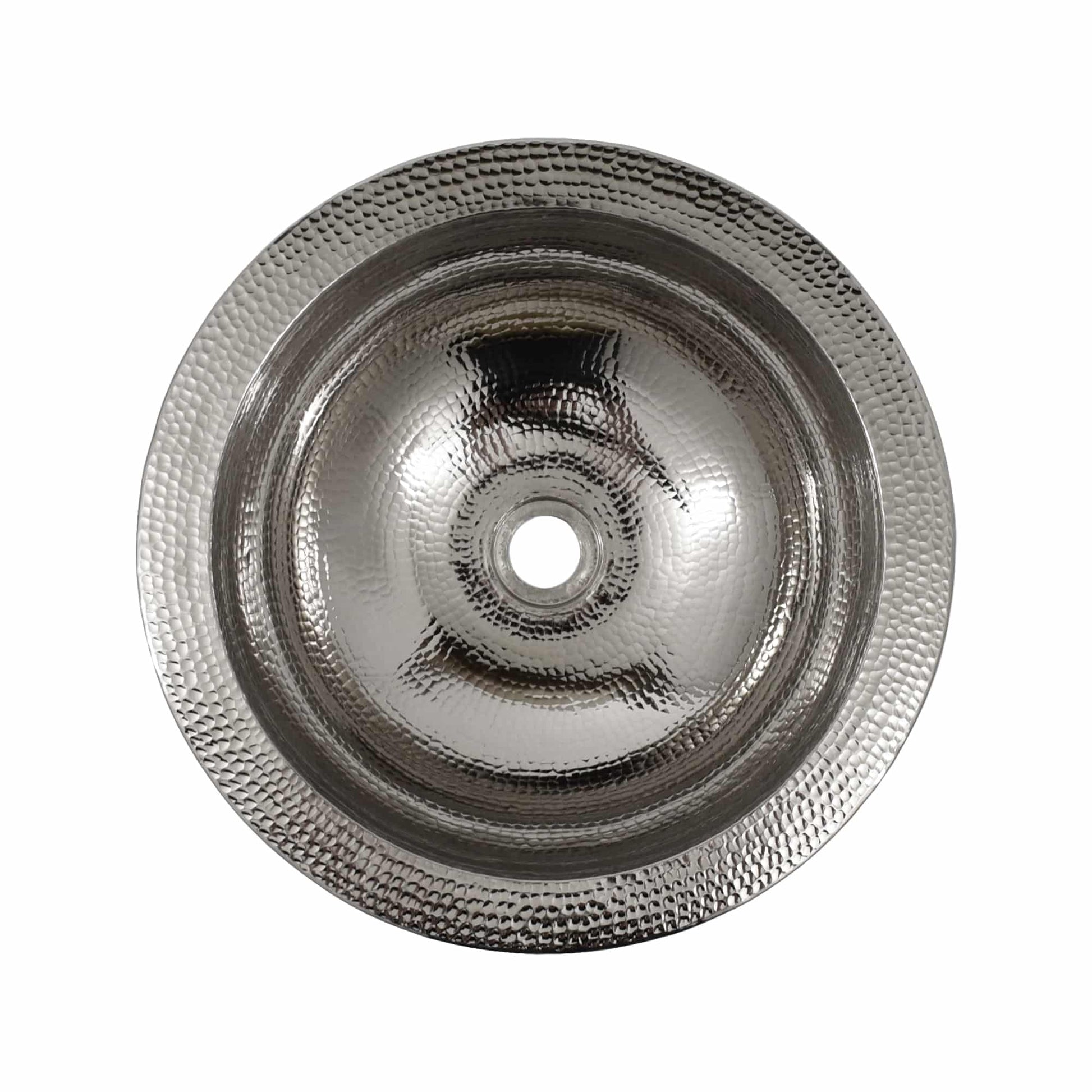 Polished nickel round sink with hammered texture exterior and concentric rings, viewed from above.