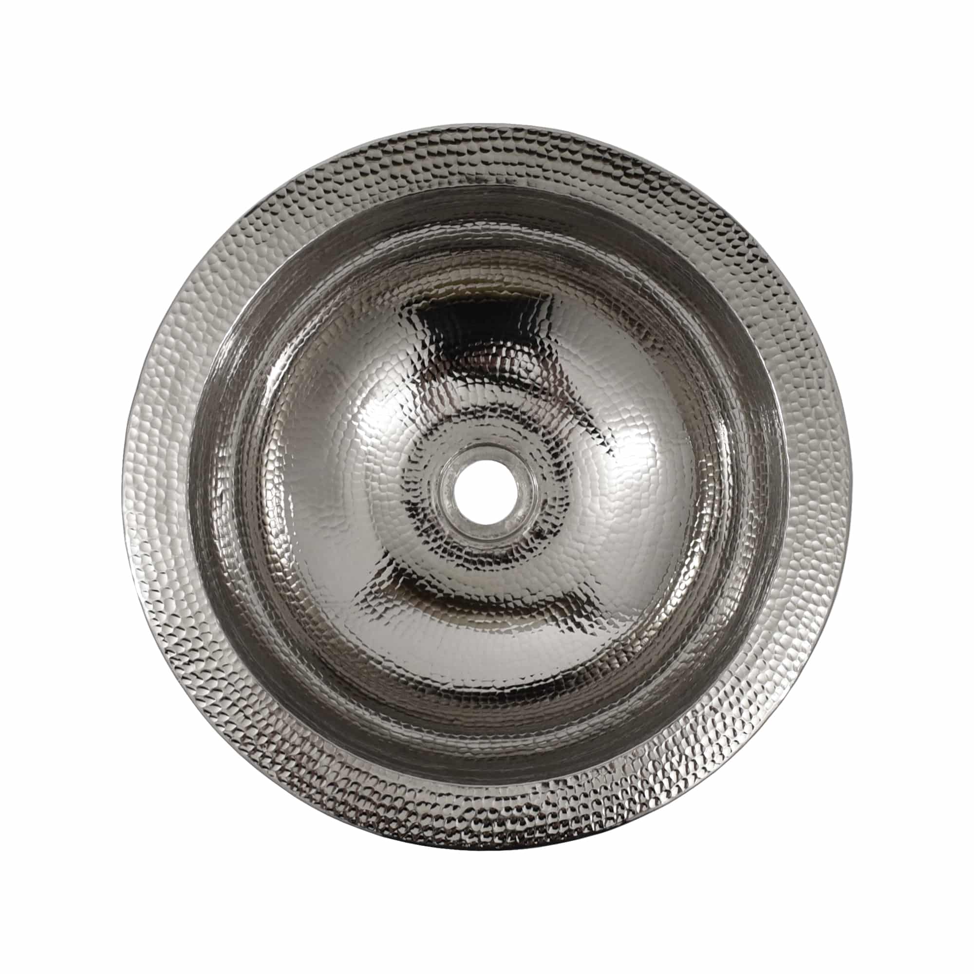 Polished nickel round sink with hammered texture exterior and concentric rings, viewed from above.