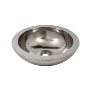 Polished nickel round undermount sink with hammered interior and beaded rim detail.