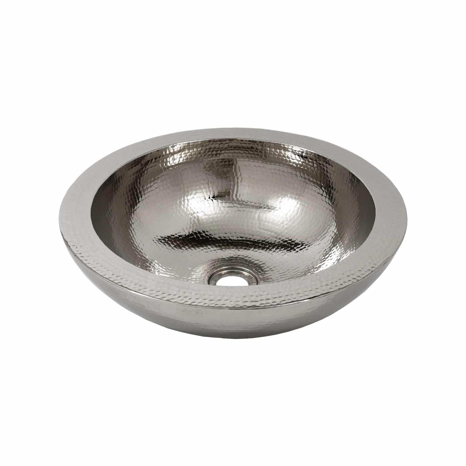 Polished nickel round undermount sink with hammered interior and beaded rim detail.