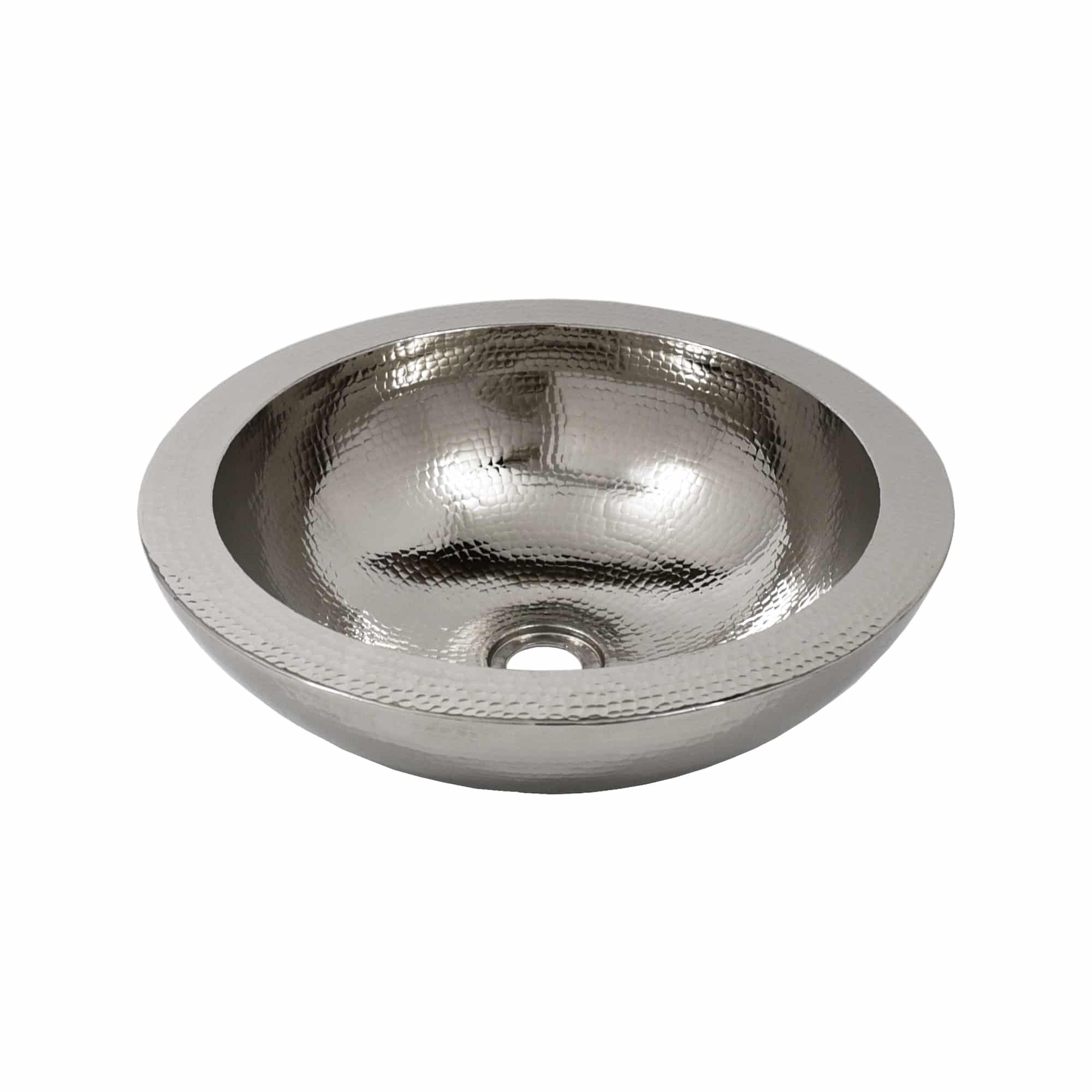 Polished nickel round undermount sink with hammered interior and beaded rim detail.
