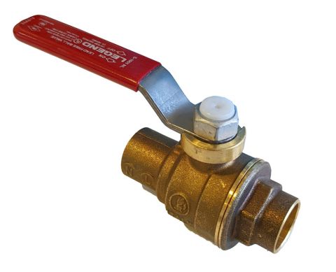 Brass ball valve with red handle, female threaded and sweat connections, white dielectric union seat visible.