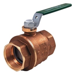 Brass ball valve with green lever handle and threaded female connections on both ends.