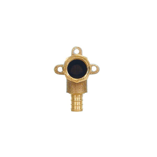 Brass drop ear elbow fitting with four mounting holes and barbed PEX connection at base.
