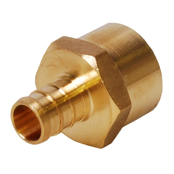 Brass PEX adapter fitting with barbed inlet and threaded female outlet for 1" connections.
