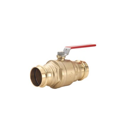 Brass press ball valve with red lever handle and two male connection ports.