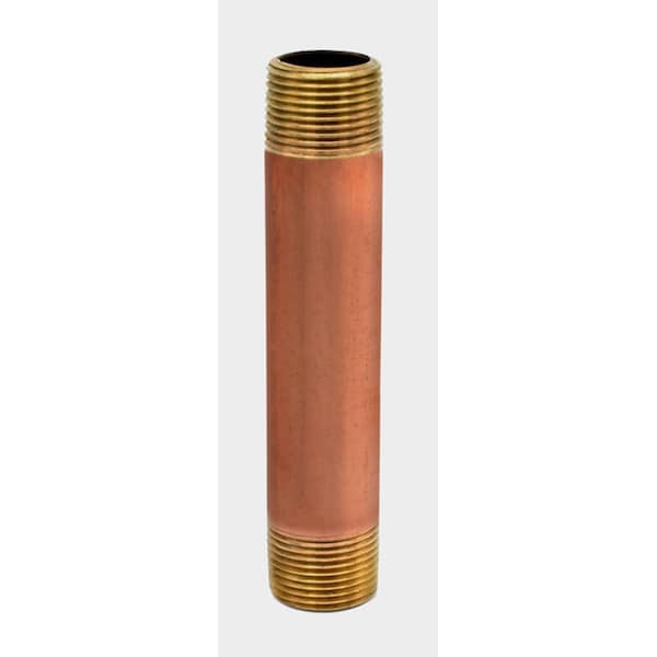 Red brass pipe nipple with threaded ends on both sides.