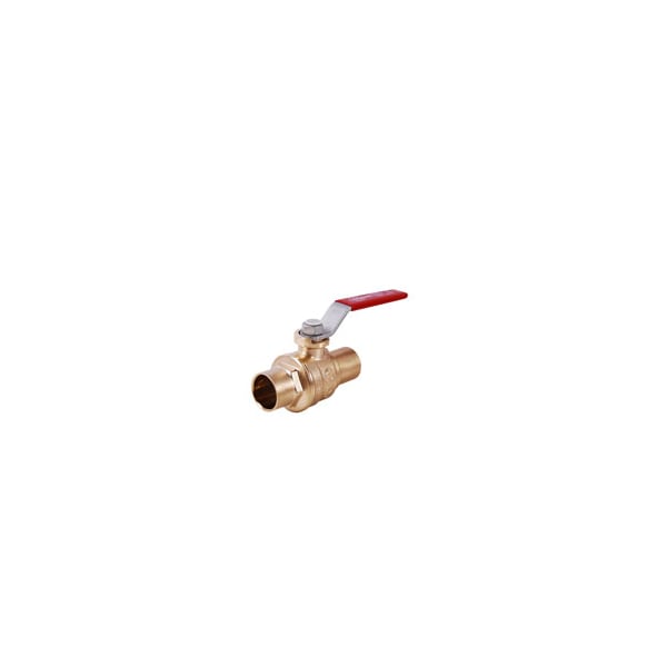 Brass ball valve with red lever handle and soldered connection ports.