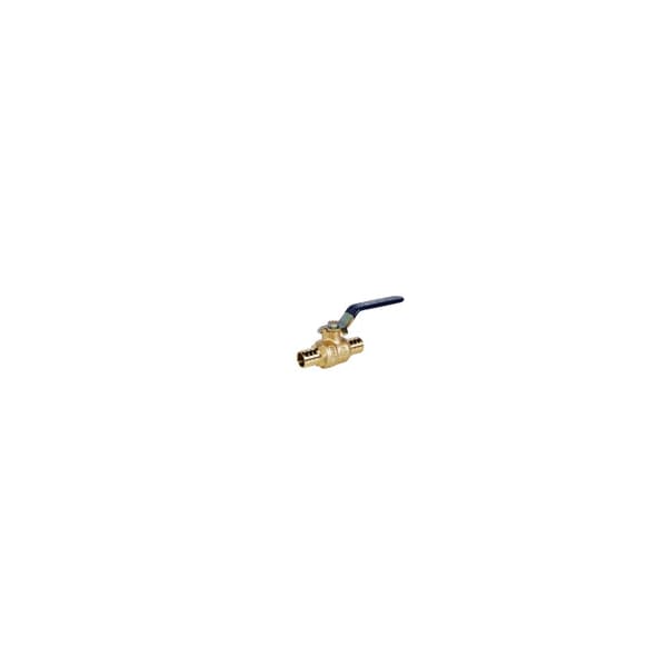 Brass ball valve with blue lever handle and PEX connection fittings on both ends.