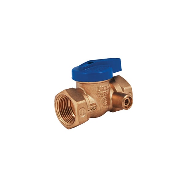Brass gas valve with blue lever handle and side tap port on white background.